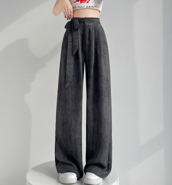 Flax ice silk wide leg pants thin drape belt for women