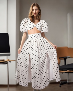 Split skirt polka dot tops 2pcs set for women