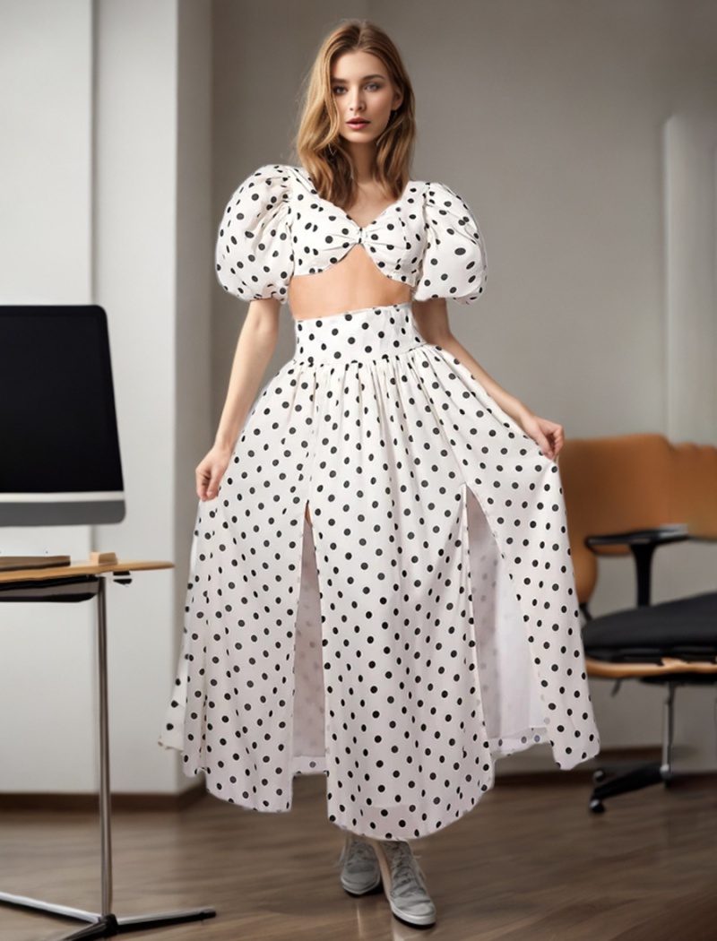 Split skirt polka dot tops 2pcs set for women