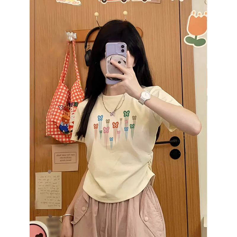 Short sleeve pinched waist printing summer slim T-shirt