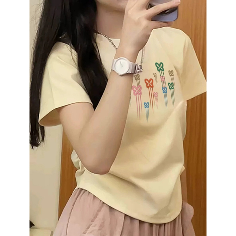 Short sleeve pinched waist printing summer slim T-shirt