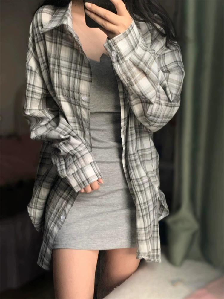 Thin retro lazy loose coat sunscreen plaid Casual summer shirt