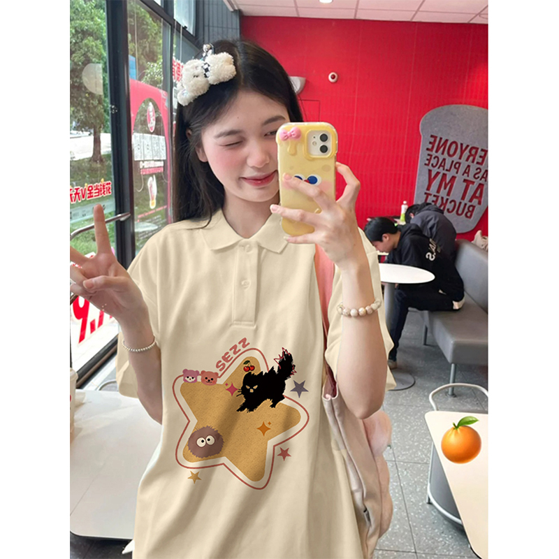 Pure cotton Korean style buckle T-shirt for women