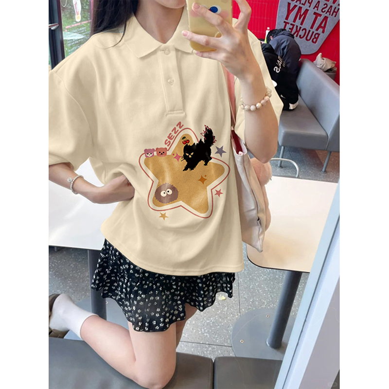 Pure cotton Korean style buckle T-shirt for women