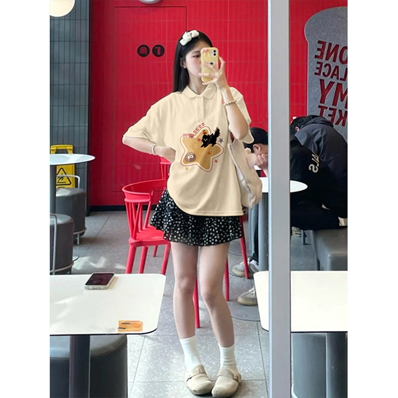 Pure cotton Korean style buckle T-shirt for women