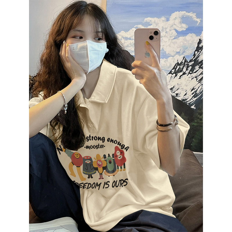 Buckle short sleeve loose printing T-shirt