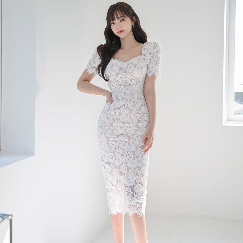 Lace temperament package hip rhinestone slim dress