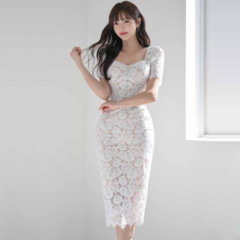 Lace temperament package hip rhinestone slim dress