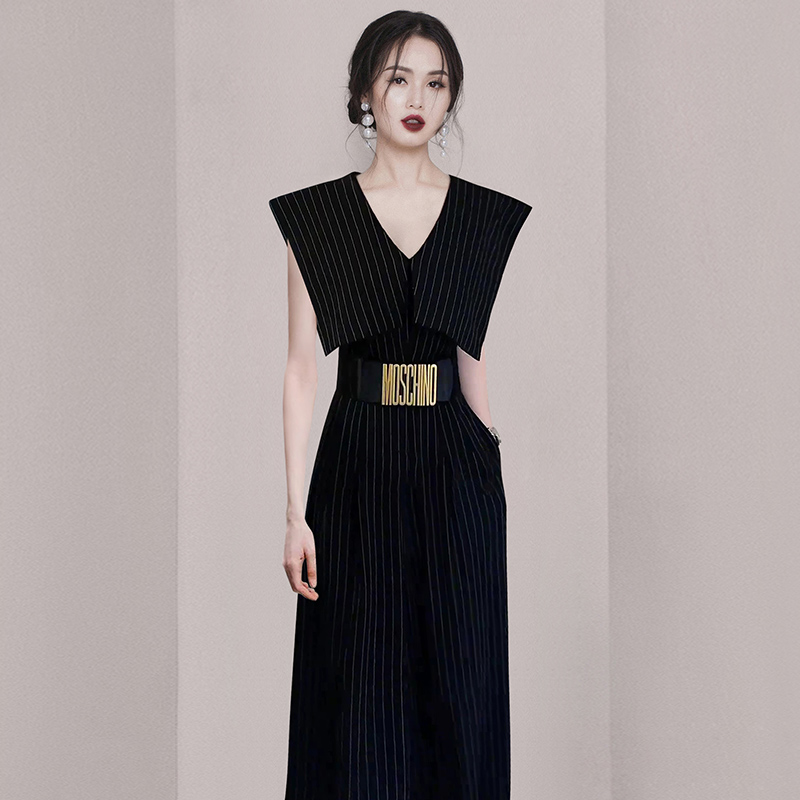 Stripe temperament with belt summer V-neck slim jumpsuit