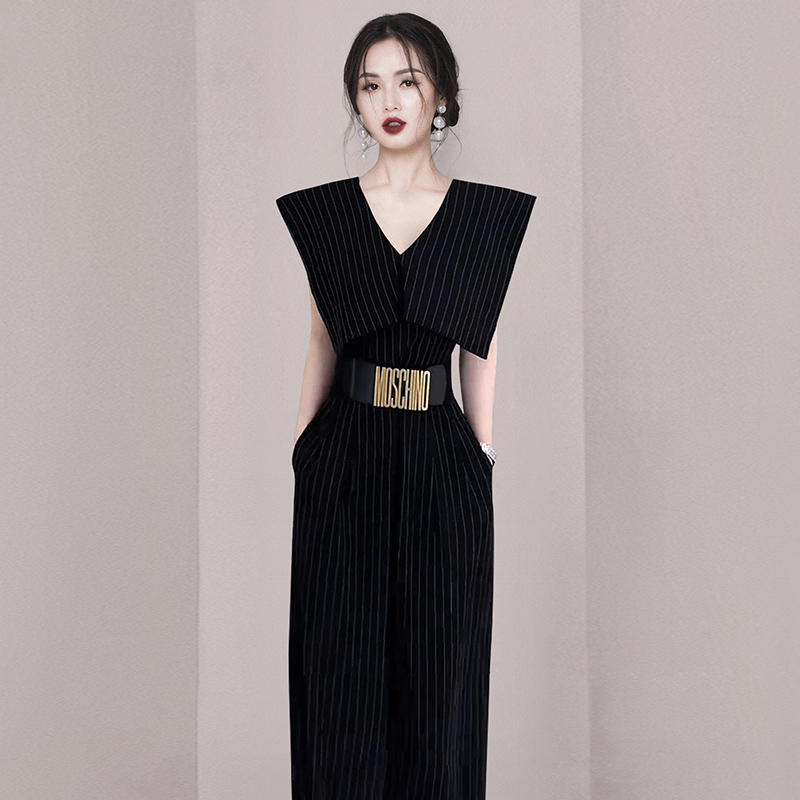 Stripe temperament with belt summer V-neck slim jumpsuit