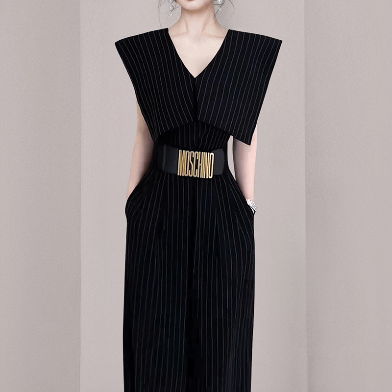 Stripe temperament with belt summer V-neck slim jumpsuit