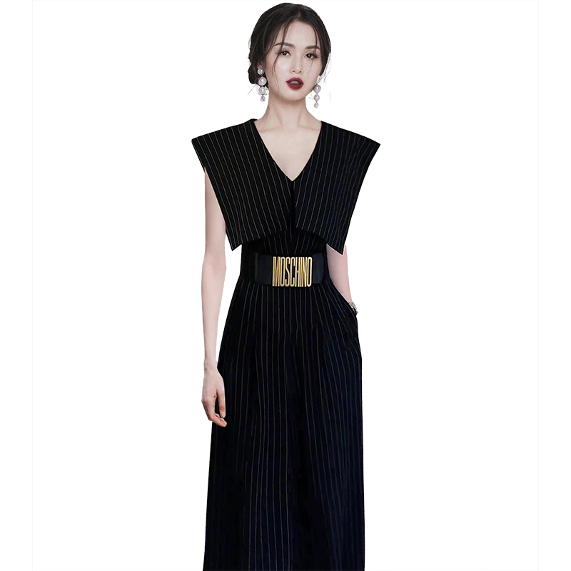 Stripe temperament with belt summer V-neck slim jumpsuit