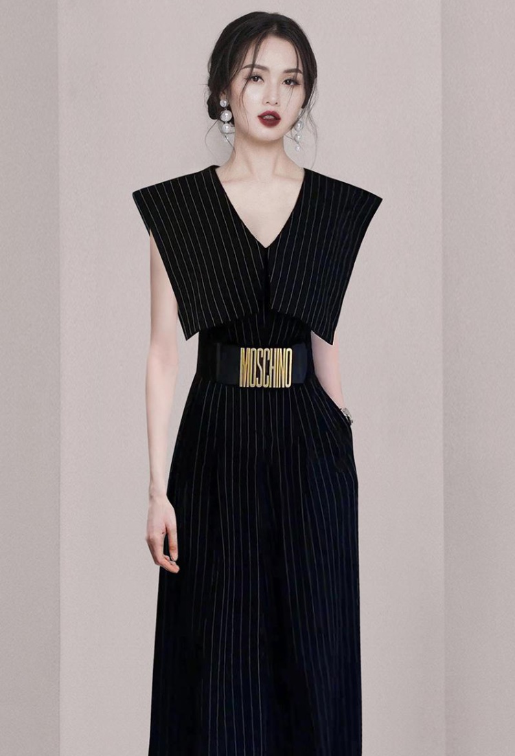 Stripe temperament with belt summer V-neck slim jumpsuit