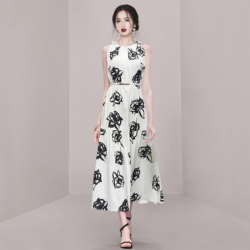 Frenum printing round neck belt refreshing big skirt dress