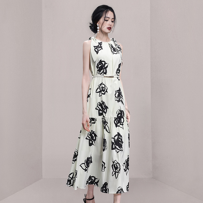 Frenum printing round neck belt refreshing big skirt dress