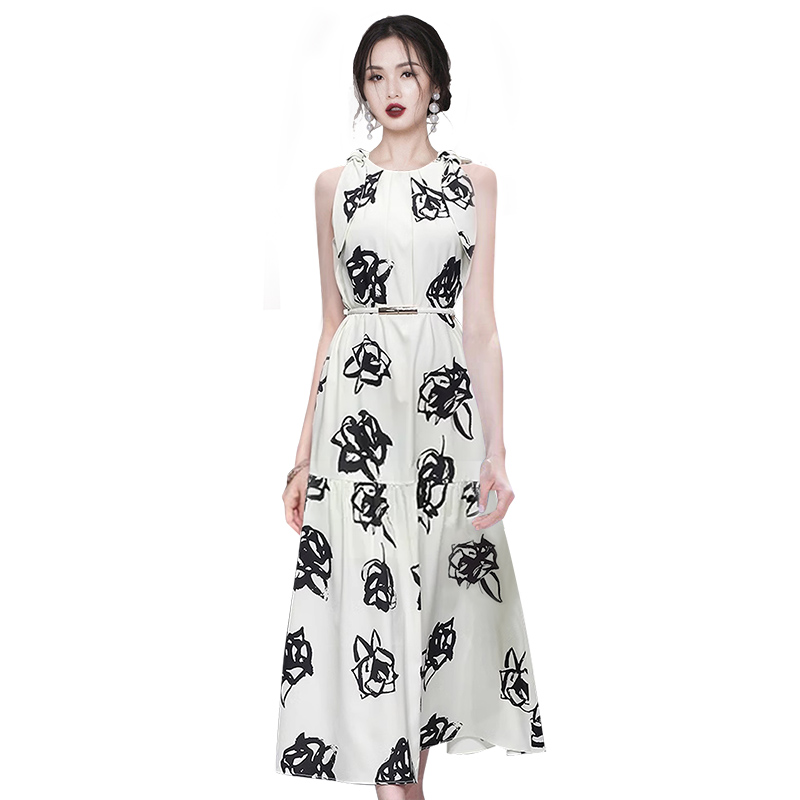 Frenum printing round neck belt refreshing big skirt dress