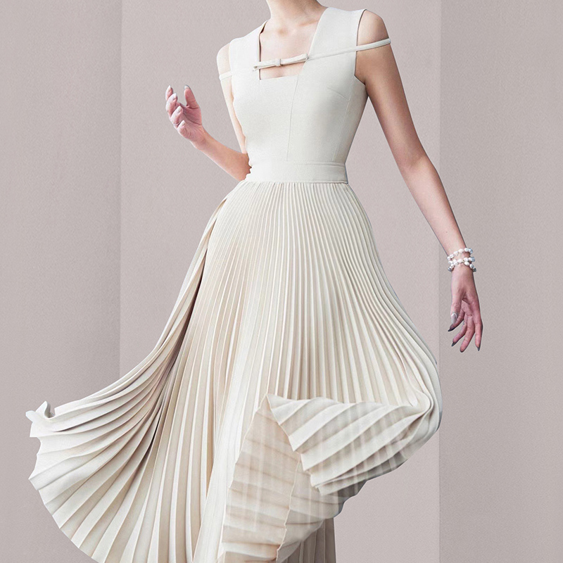 Pleated square collar sleeveless skirt hem summer dress