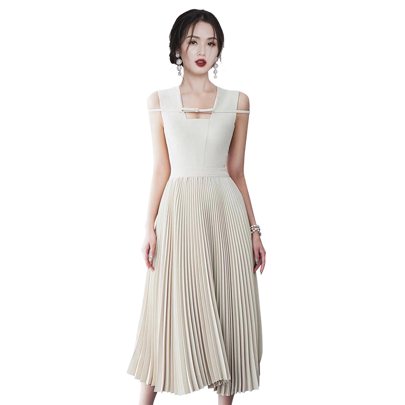 Pleated square collar sleeveless skirt hem summer dress