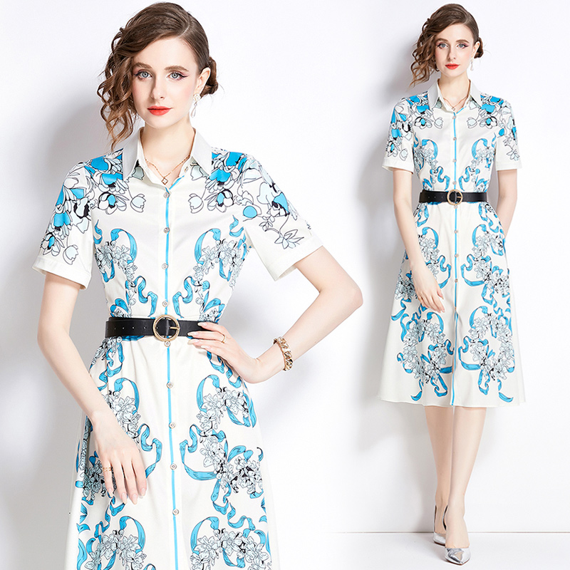 With belt all-match pinched waist slim fashion printing dress