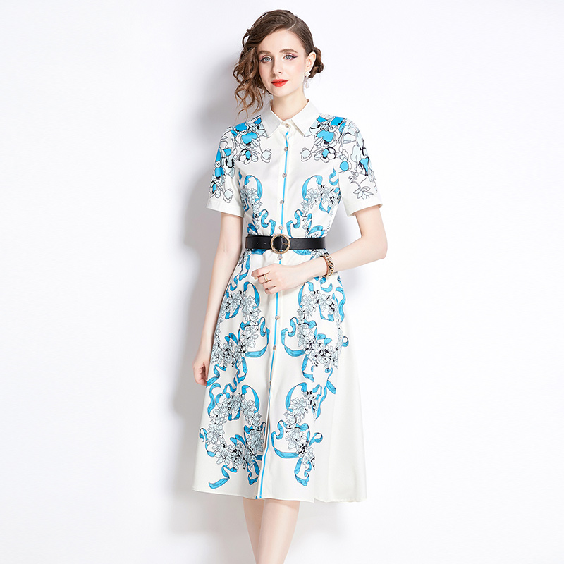 With belt all-match pinched waist slim fashion printing dress