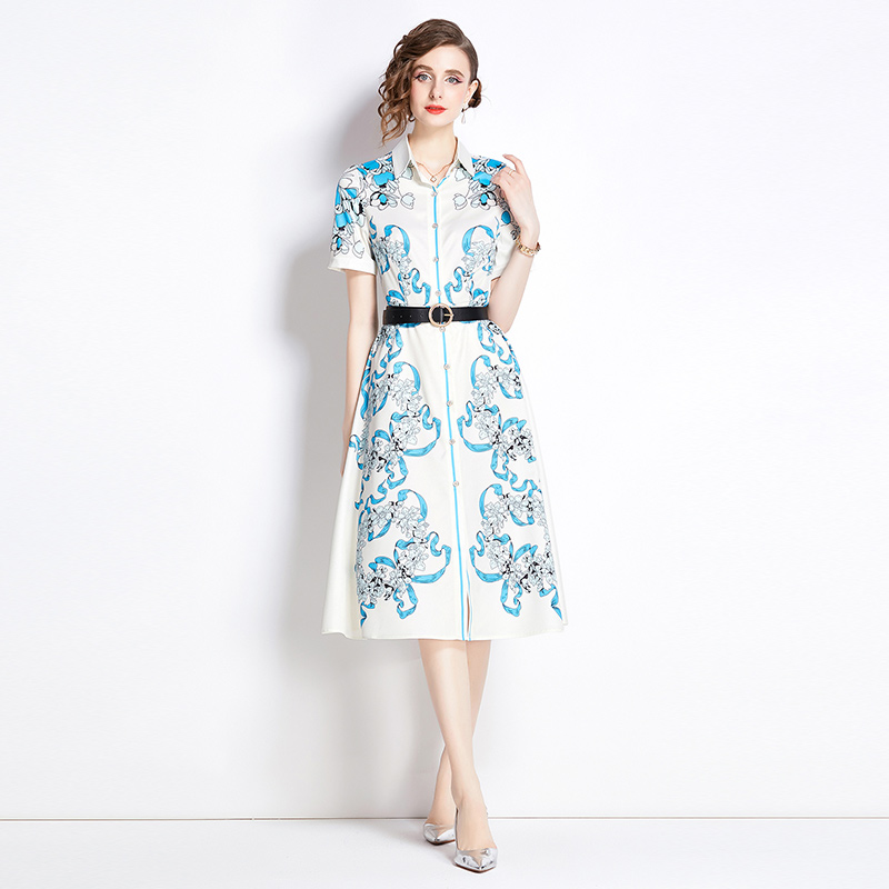 With belt all-match pinched waist slim fashion printing dress