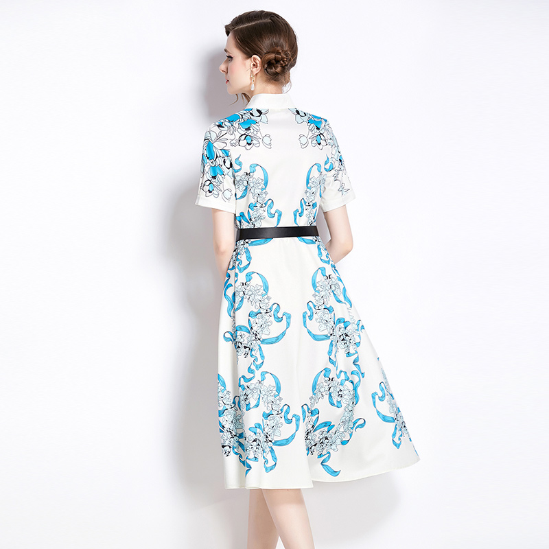 With belt all-match pinched waist slim fashion printing dress