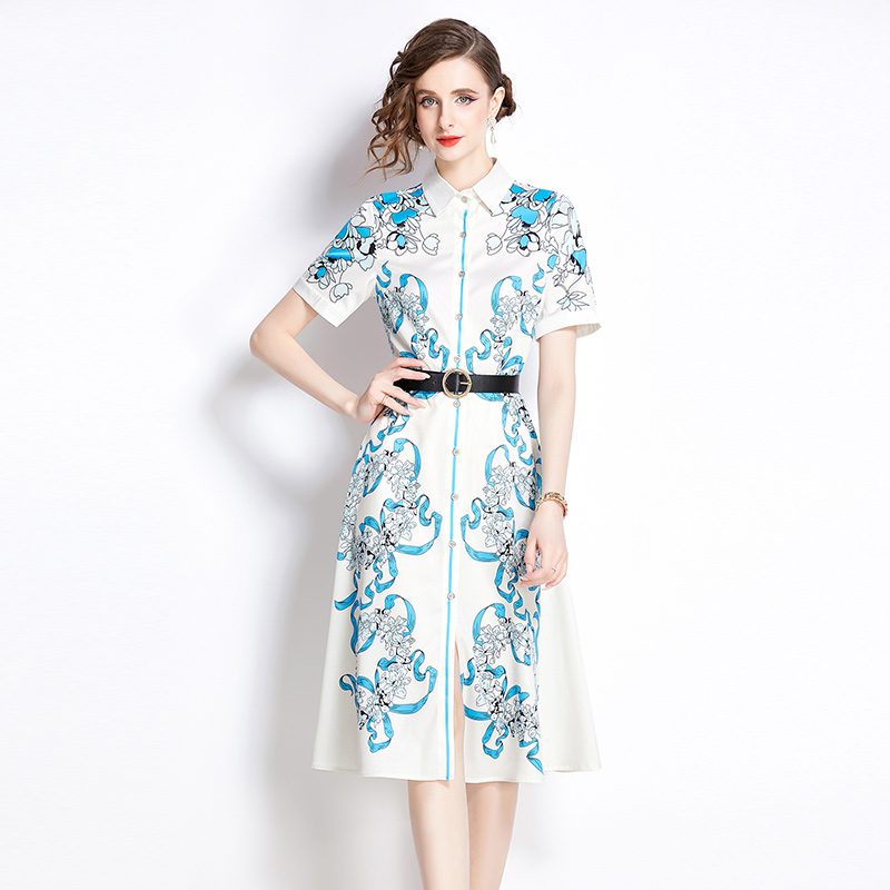 With belt all-match pinched waist slim fashion printing dress