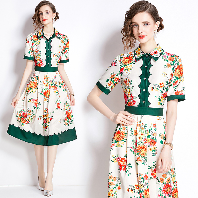 All-match printing slim pinched waist fashion dress