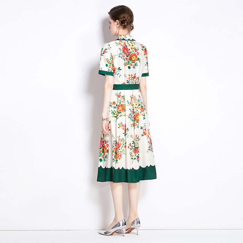 All-match printing slim pinched waist fashion dress