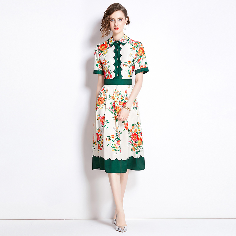 All-match printing slim pinched waist fashion dress