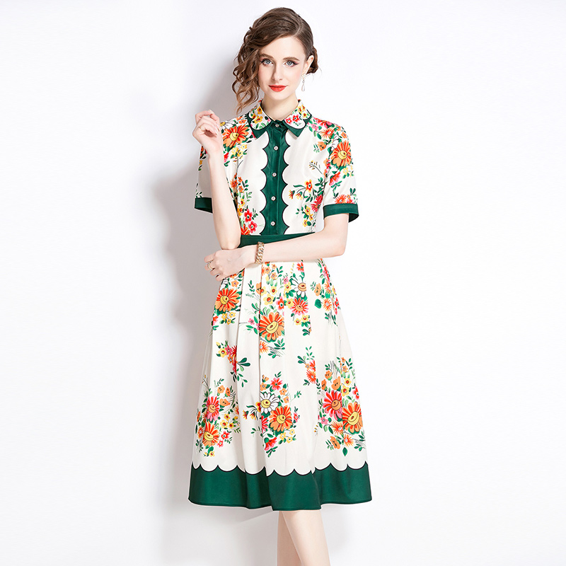 All-match printing slim pinched waist fashion dress