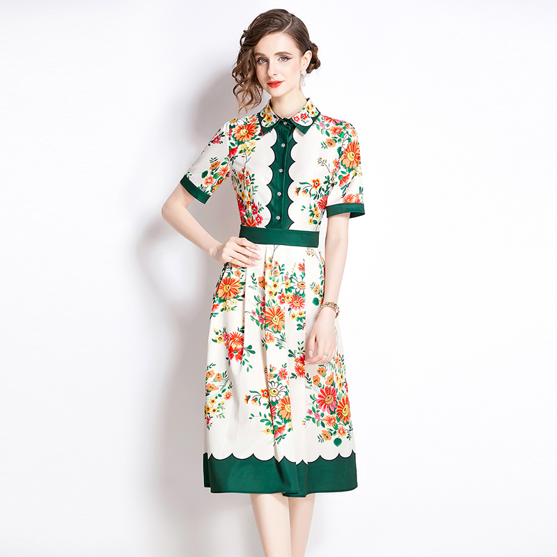 All-match printing slim pinched waist fashion dress