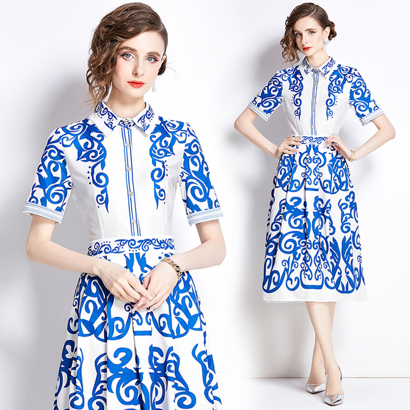 Fashion printing all-match pinched waist slim dress