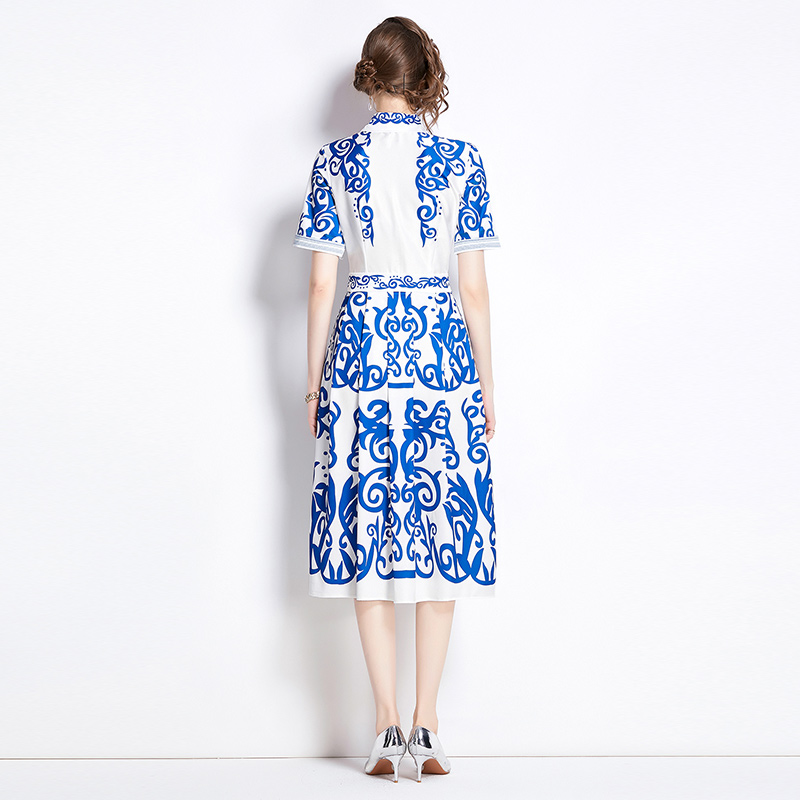 Fashion printing all-match pinched waist slim dress