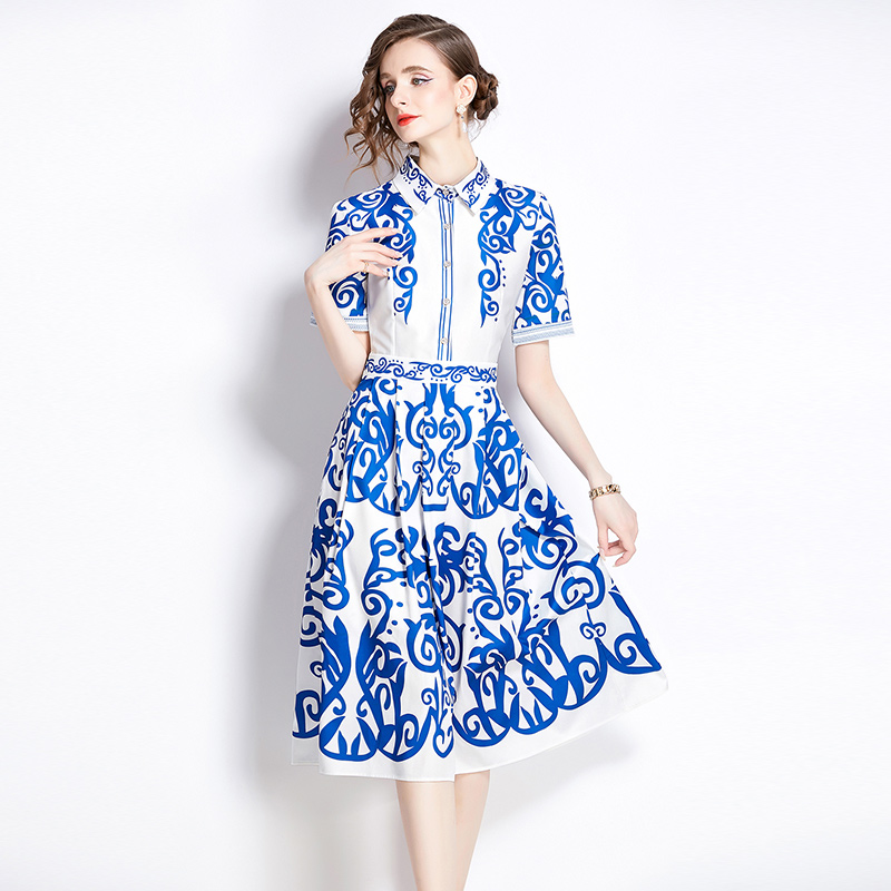 Fashion printing all-match pinched waist slim dress