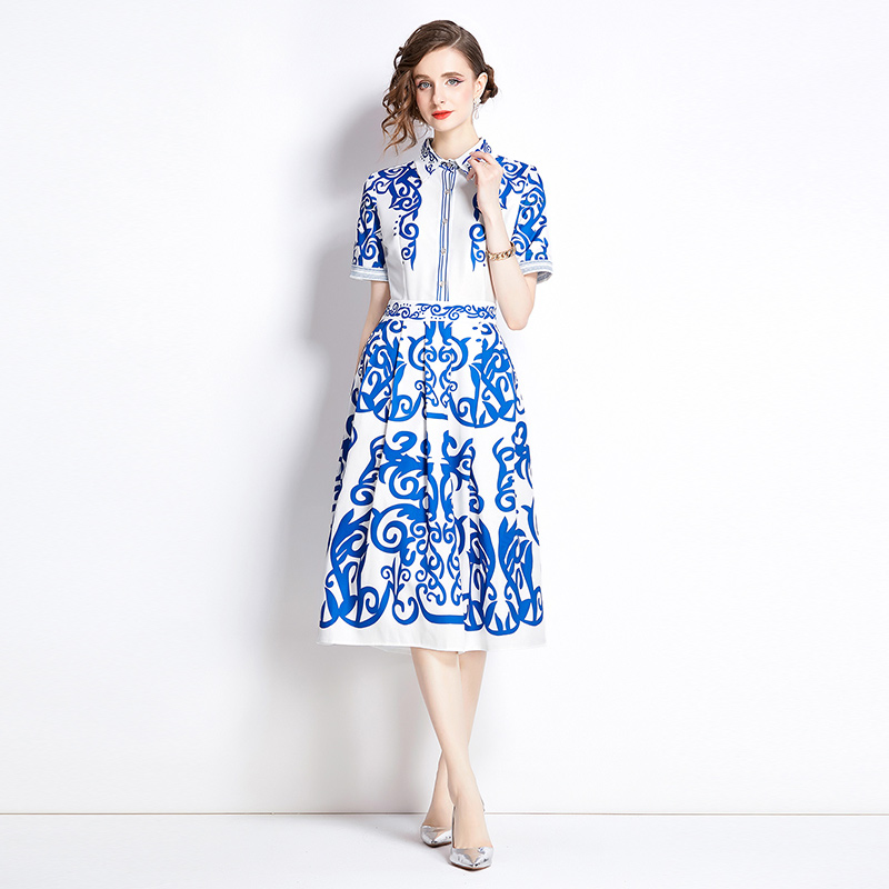 Fashion printing all-match pinched waist slim dress