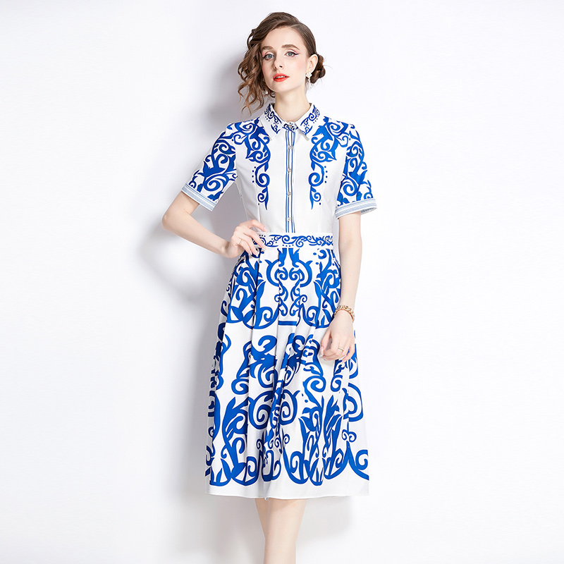 Fashion printing all-match pinched waist slim dress