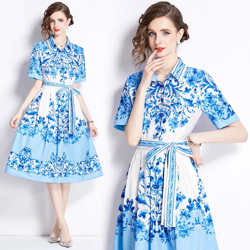 European style pinched waist slim all-match fashion printing dress