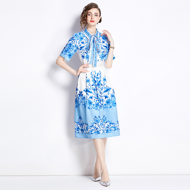 European style pinched waist slim all-match fashion printing dress