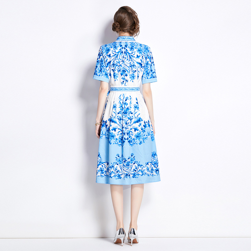 European style pinched waist slim all-match fashion printing dress