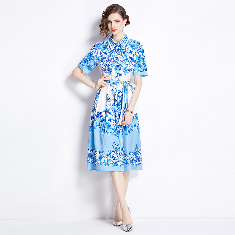 European style pinched waist slim all-match fashion printing dress