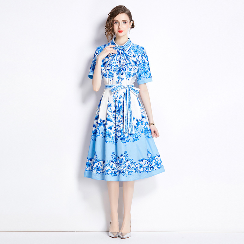 European style pinched waist slim all-match fashion printing dress