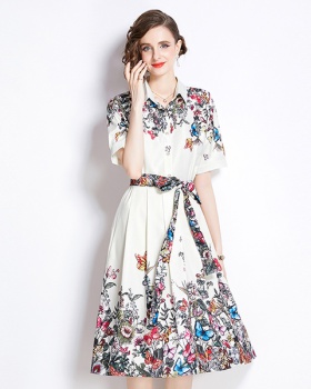 Fashion printing pinched waist all-match dress