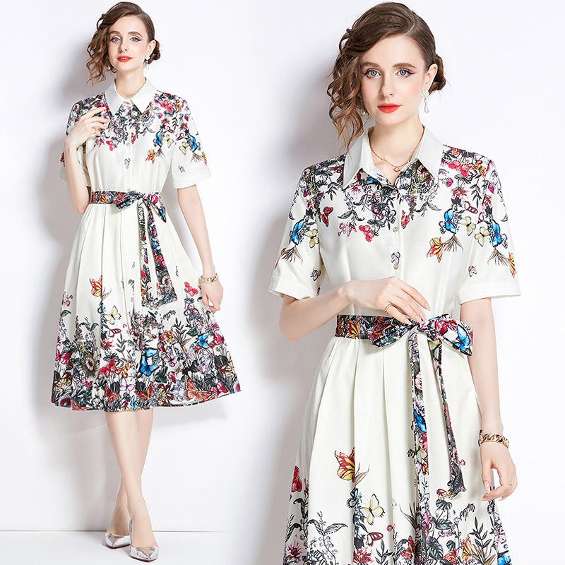 Fashion printing pinched waist all-match dress