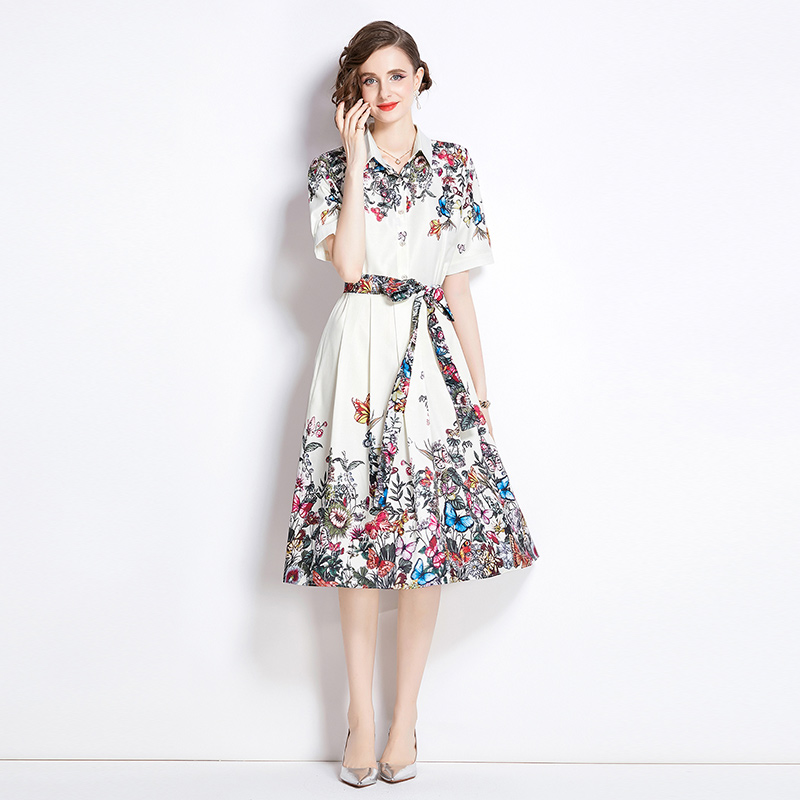 Fashion printing pinched waist all-match dress