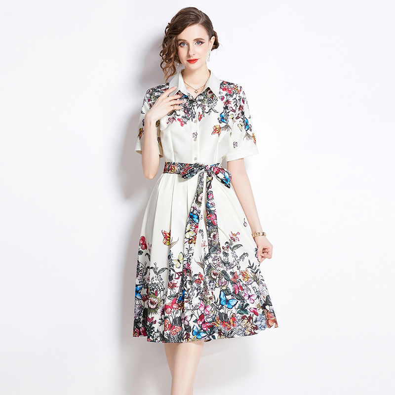 Fashion printing pinched waist all-match dress