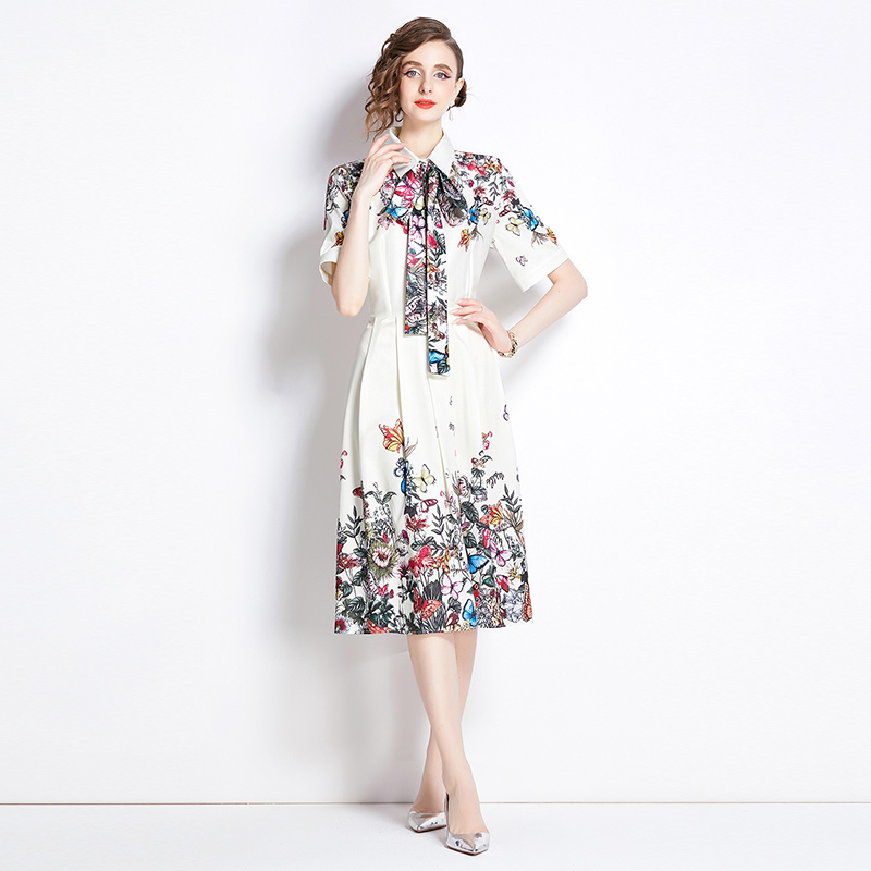 Fashion printing pinched waist all-match dress