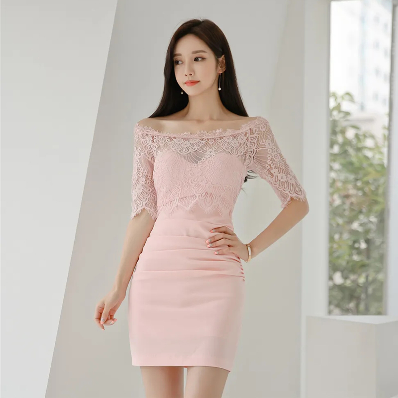 Package hip summer lace flat shoulder splice fashion dress