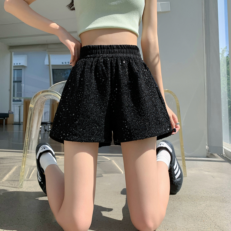 Black A-line wide leg pants Casual shorts for women