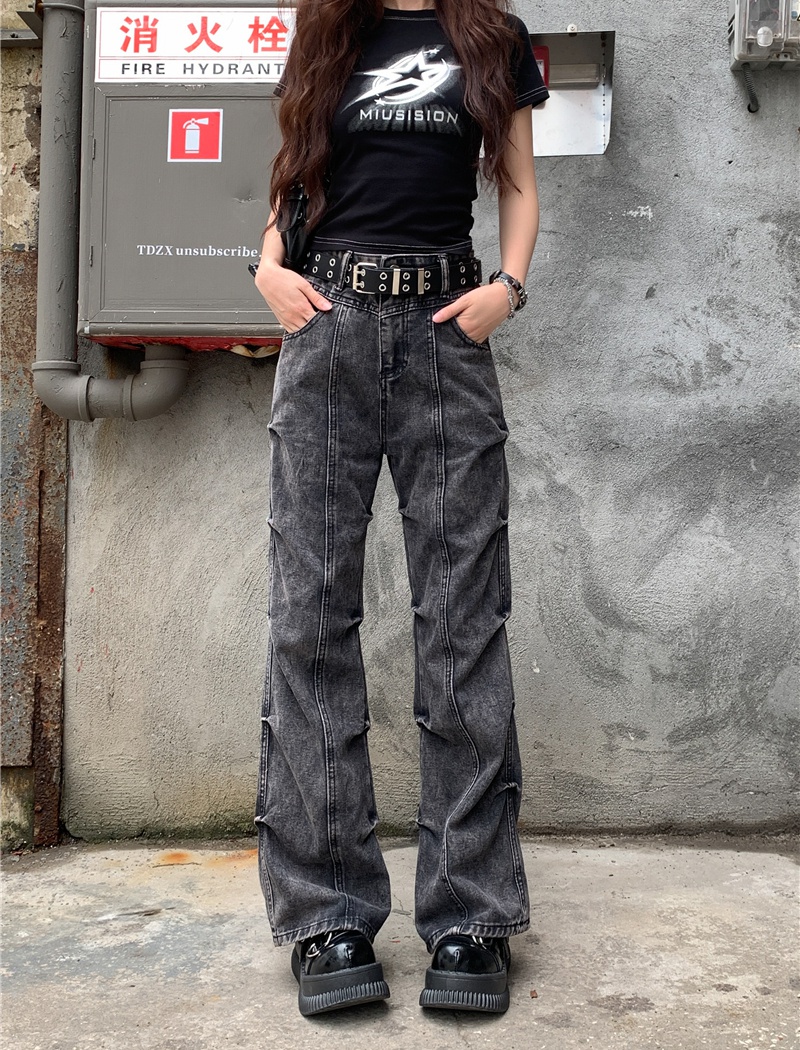 Folds high waist retro slim American style jeans for women